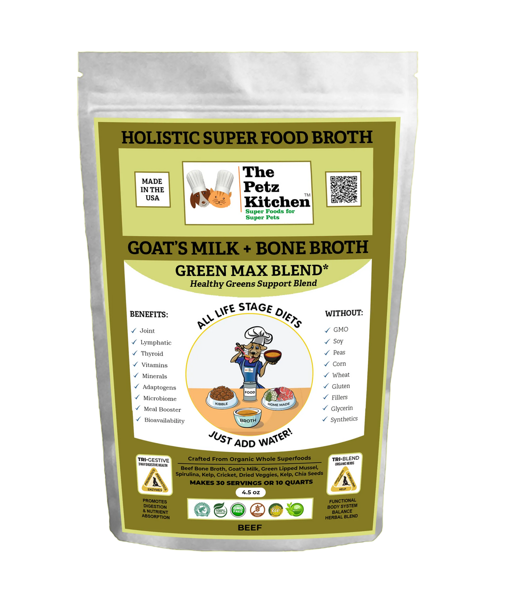 Goats Milk + Bone Broth Green Max Blend* Omega 3 & 6 Vitamin & Mineral Support* The Petz Kitchen Dog & Cat