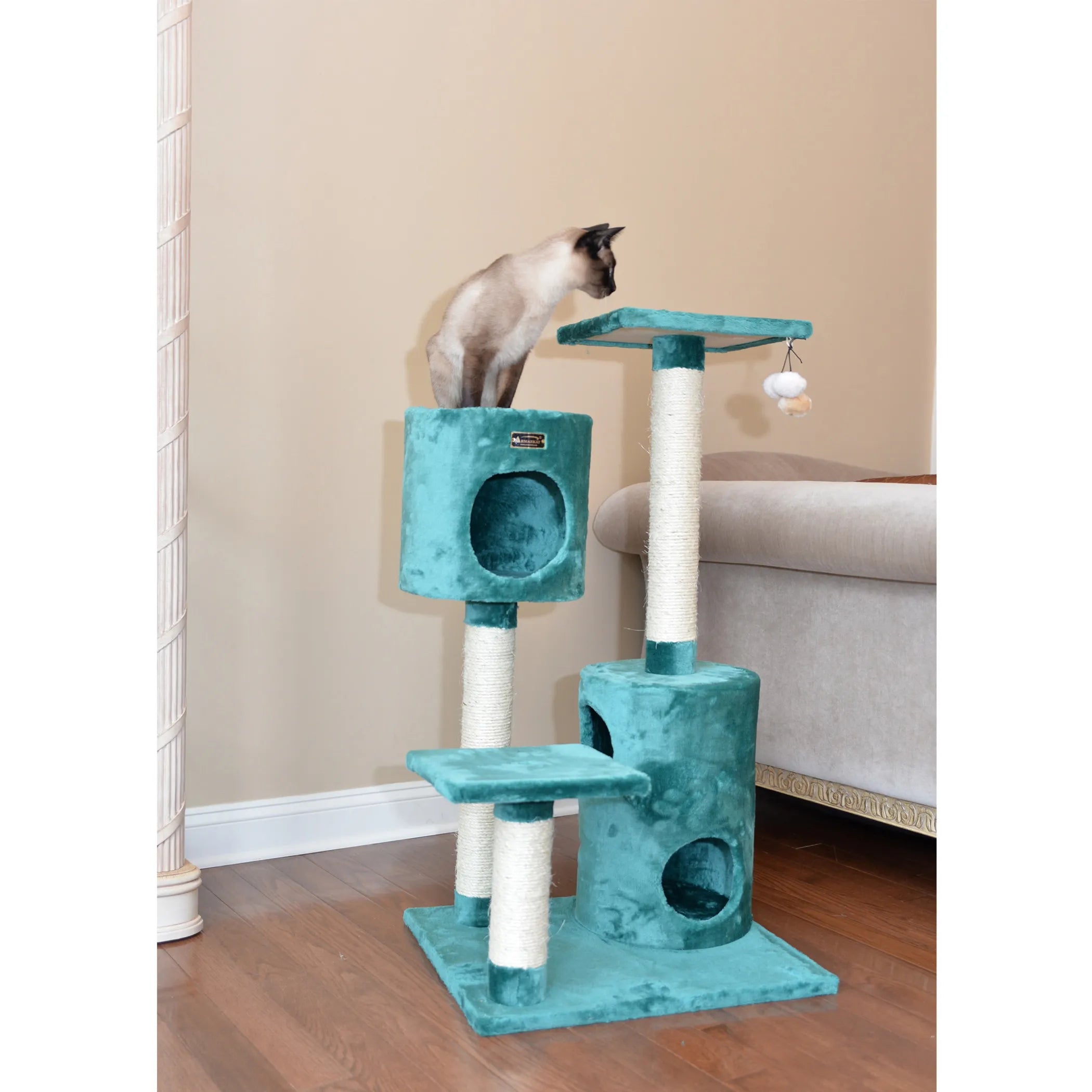 Real Woood Cat Tree House W 2 Private Condos 43" Green