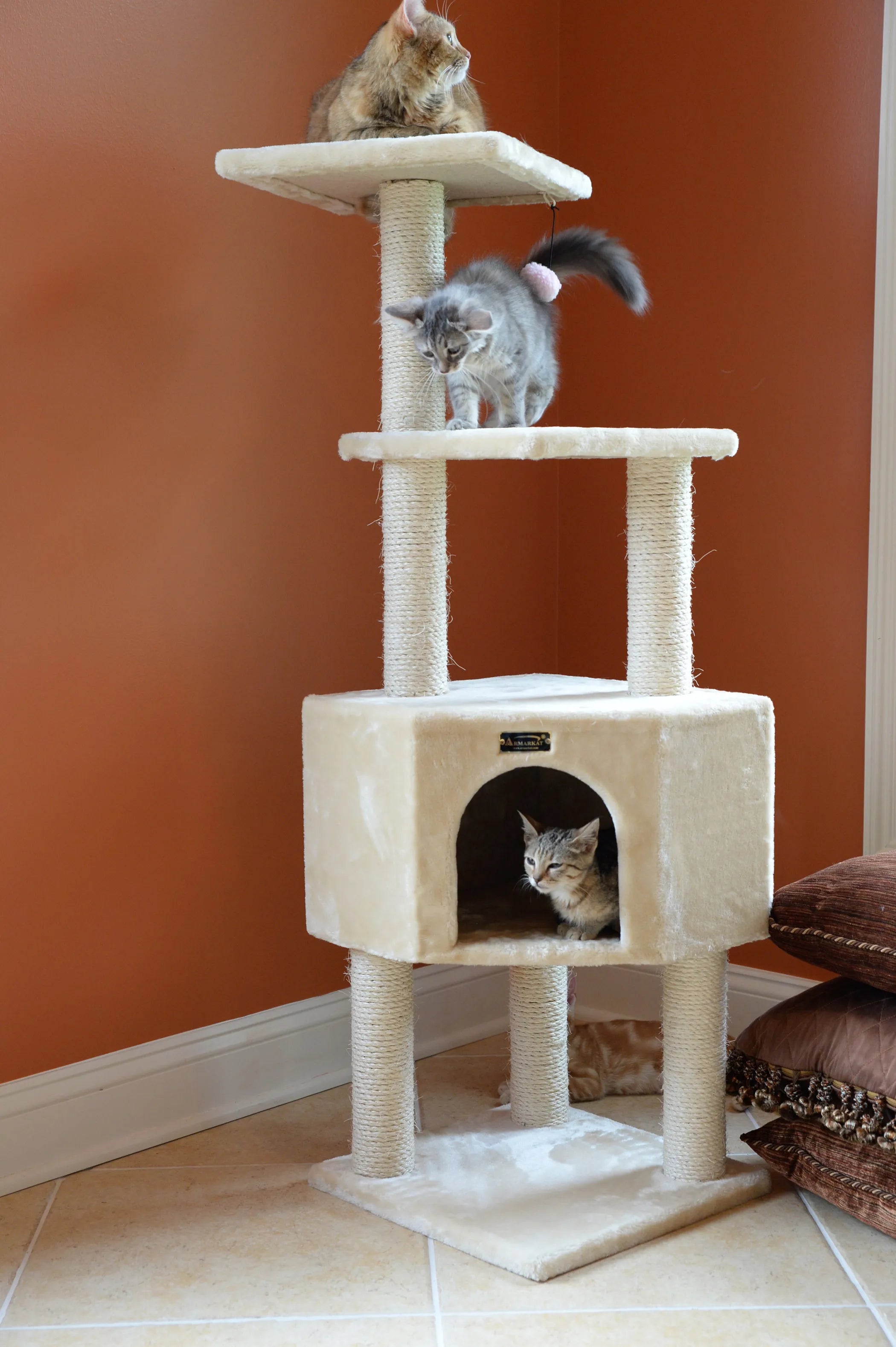Real Wood 3 Levels Cat Tower for Kittens 48 Height Beige