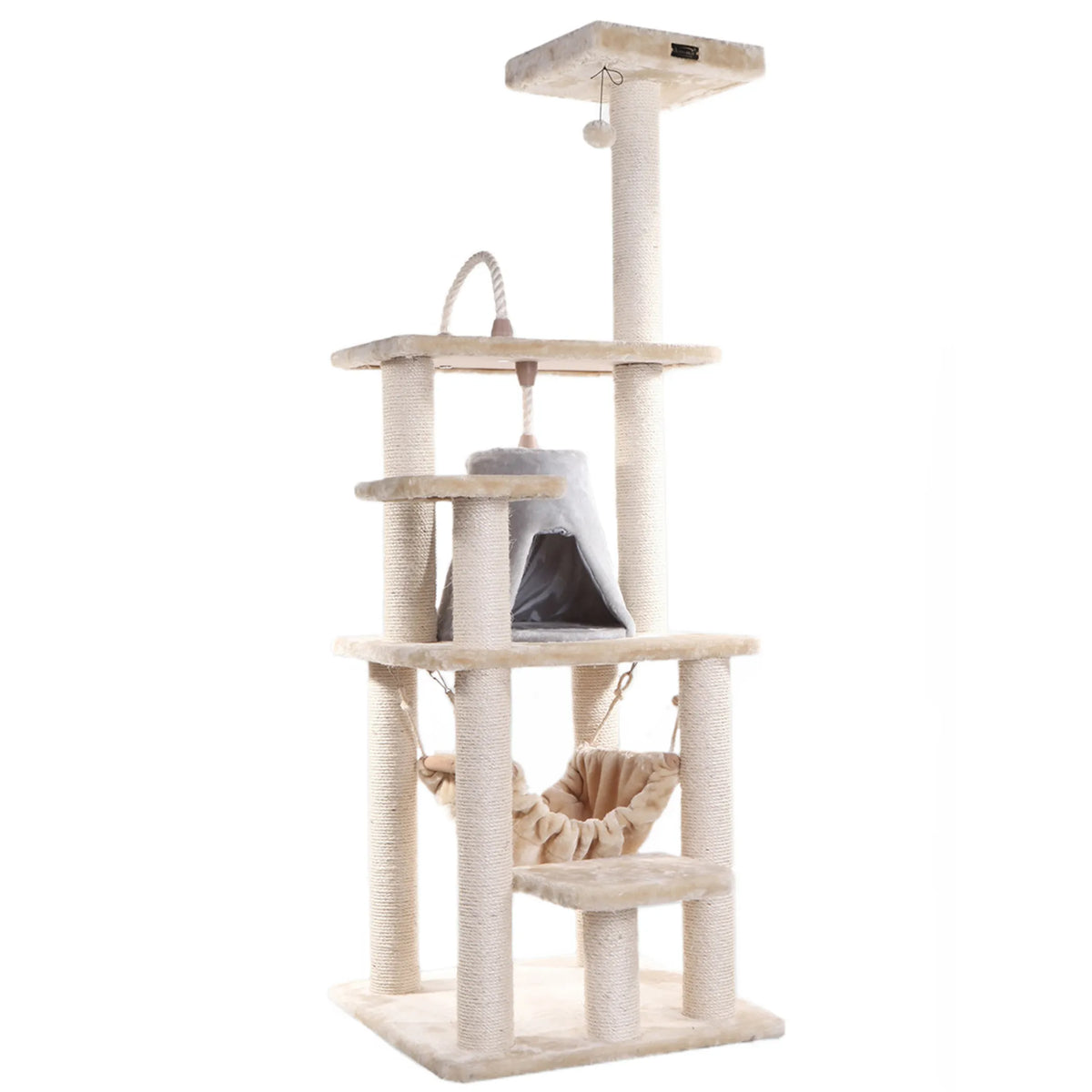 Real Wood 65" Cat Tree With Hammock, Playhouse A6501