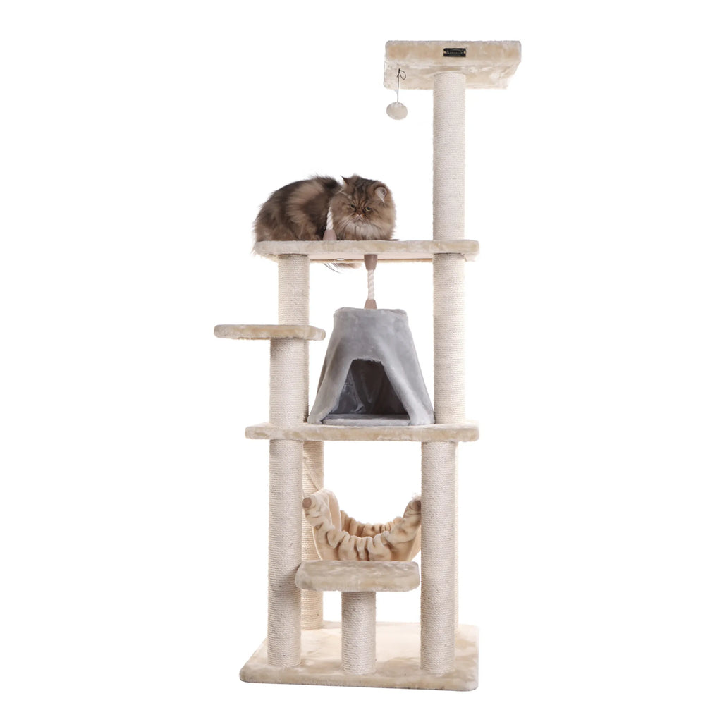 Real Wood 65" Cat Tree With Hammock, Playhouse A6501