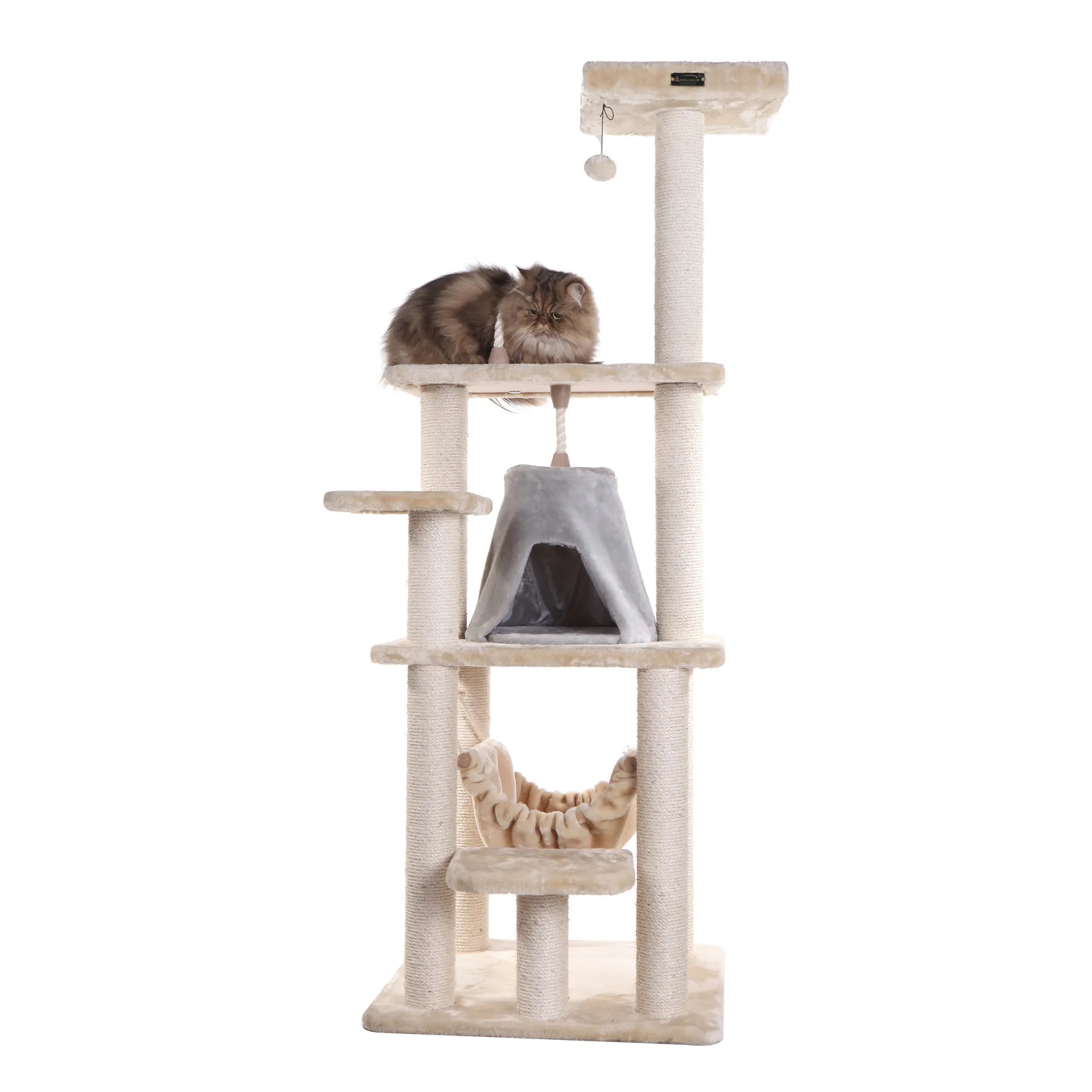 Real Wood 65" Cat Tree With Hammock, Playhouse A6501