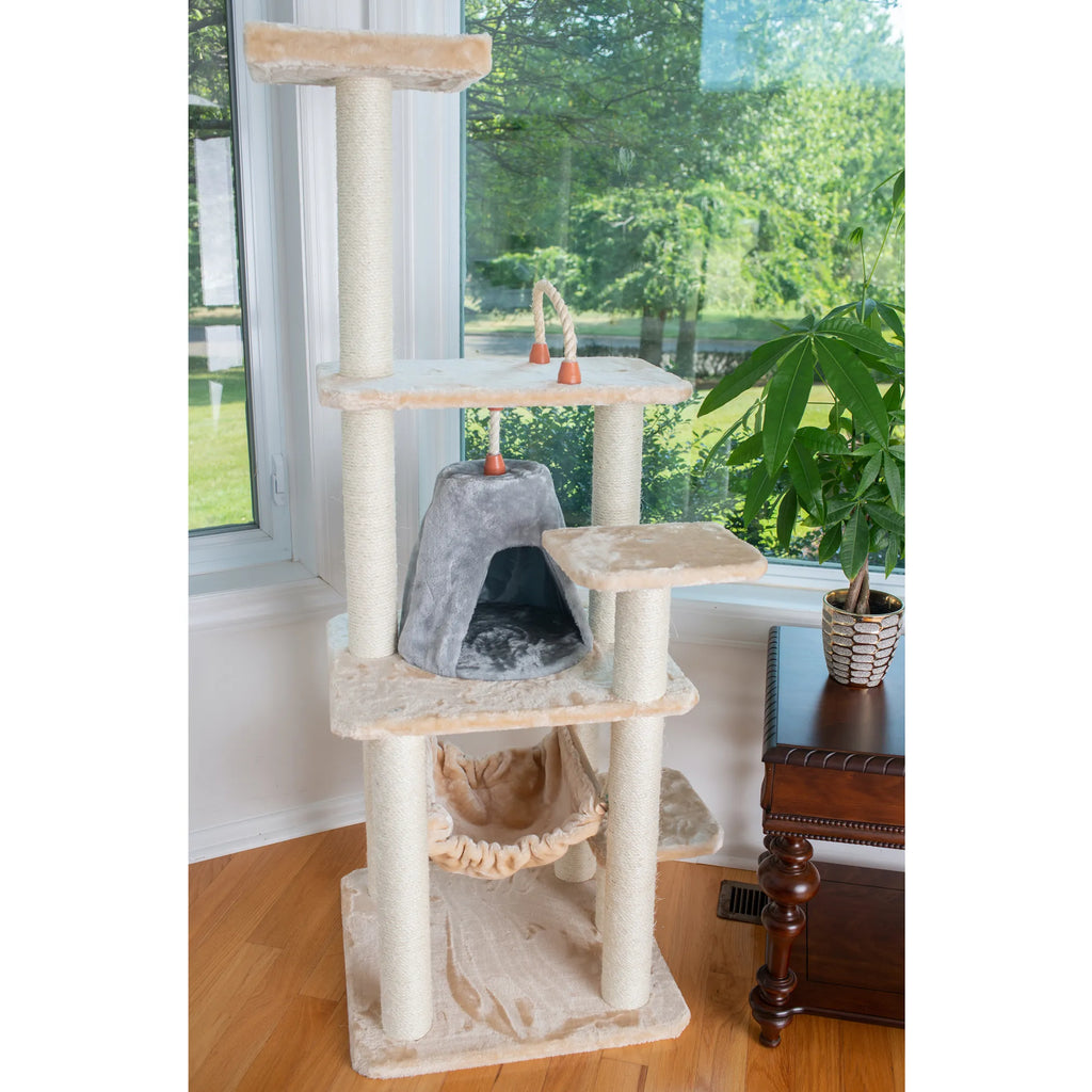 Real Wood 65" Cat Tree With Hammock, Playhouse A6501