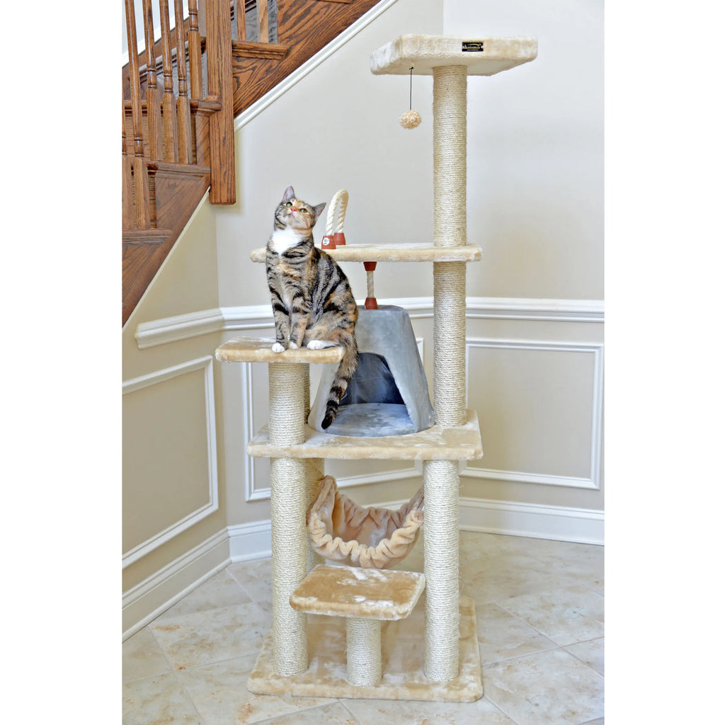 Real Wood 65" Cat Tree With Hammock, Playhouse A6501