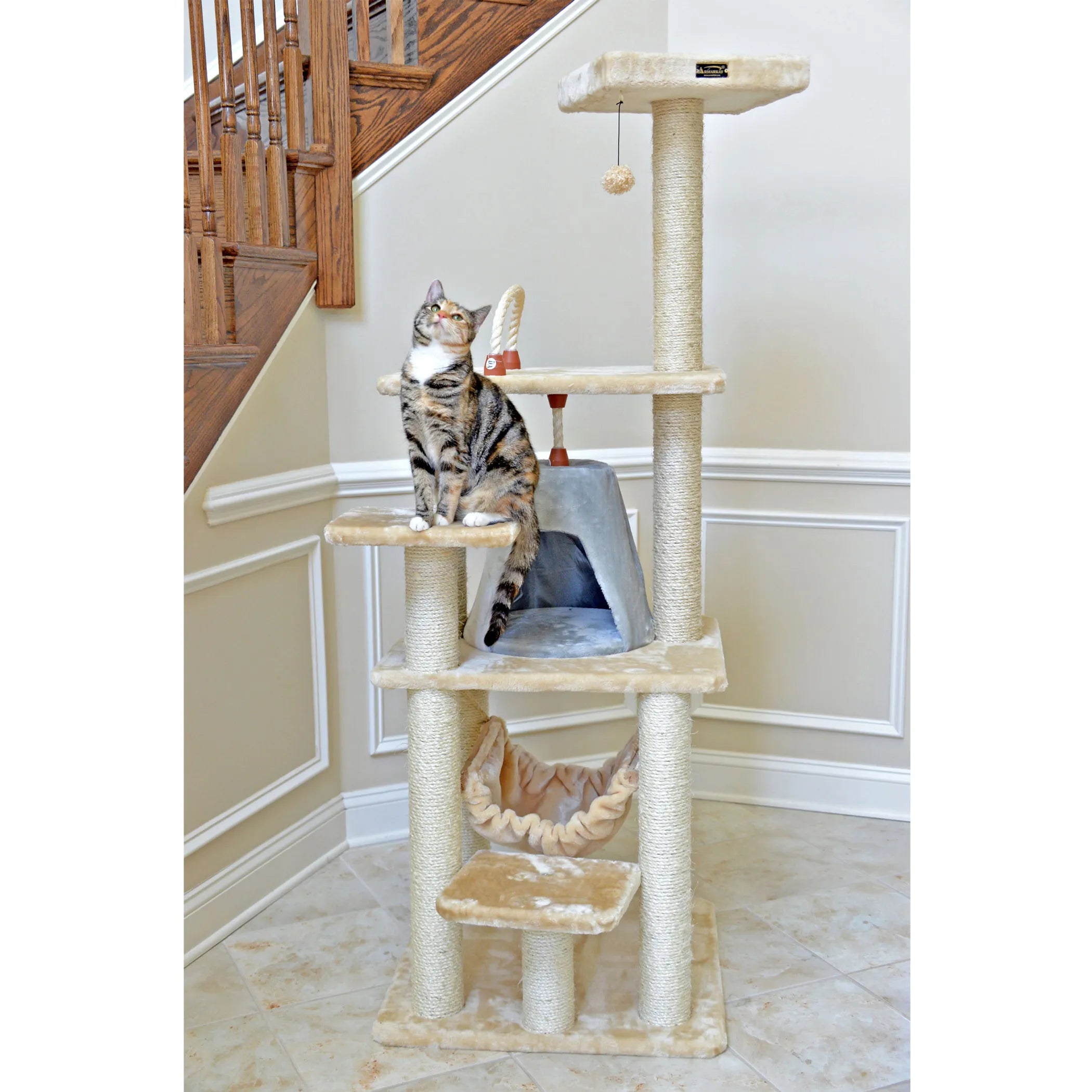 Real Wood 65" Cat Tree With Hammock, Playhouse A6501