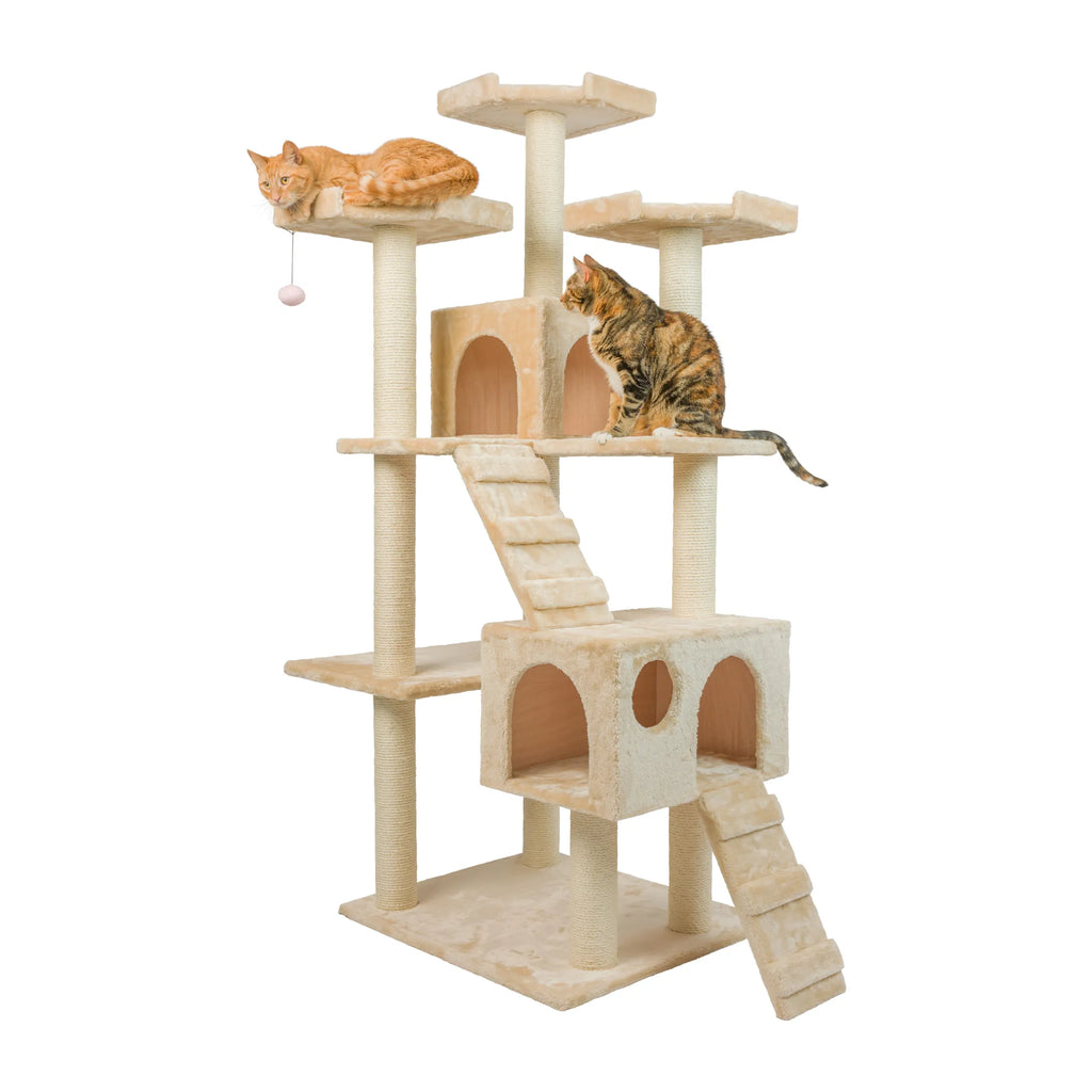 Real Wood 74" Multi-Level Cat Tree Large Cat Play Furniture