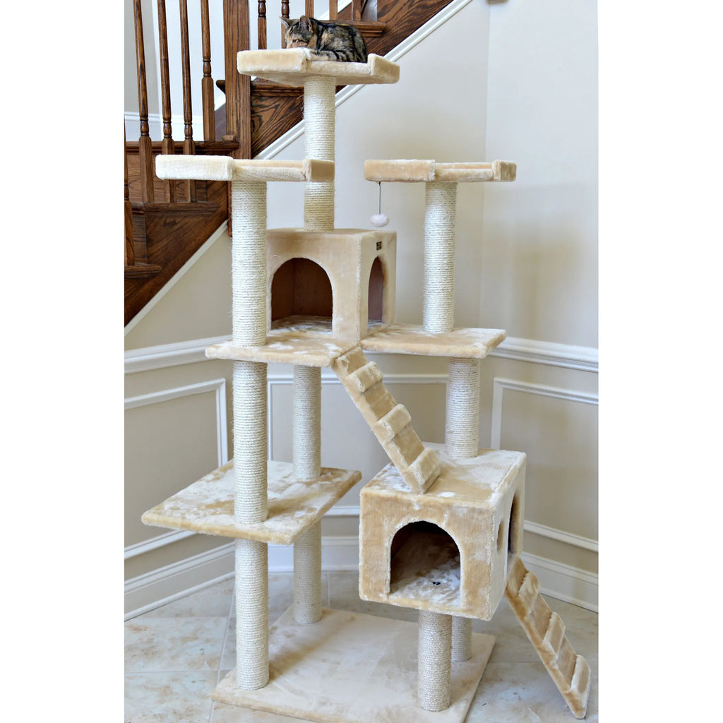 Real Wood 74" Multi-Level Cat Tree Large Cat Play Furniture