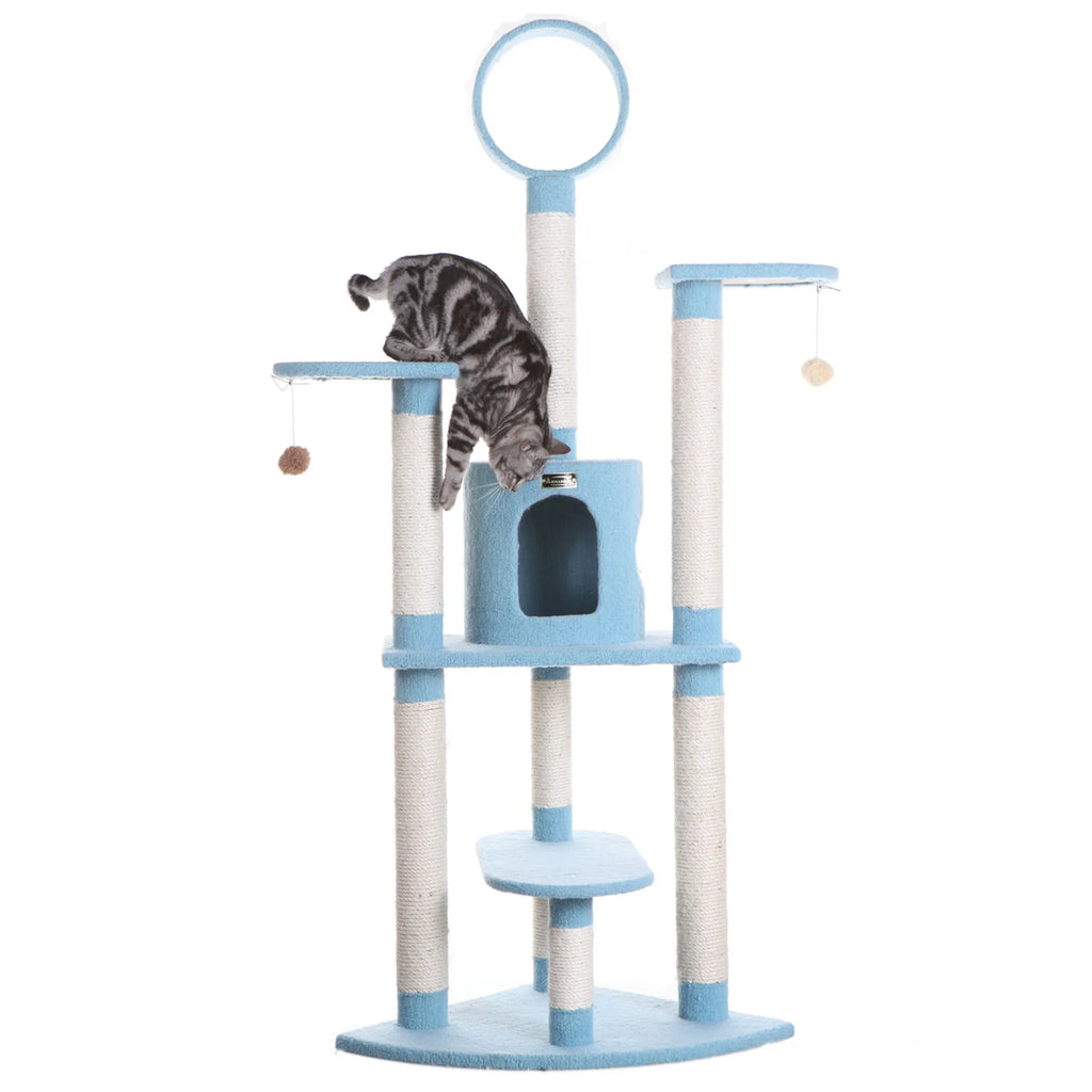Real Wood 65-Inch Classic Cat Tree In Sky Blue 5-Level Condo