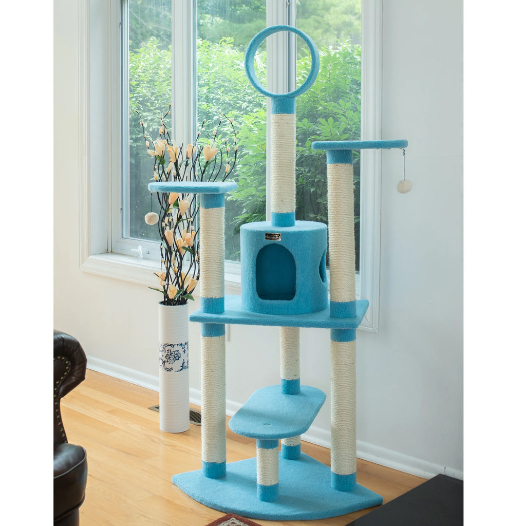 Real Wood 65-Inch Classic Cat Tree In Sky Blue 5-Level Condo