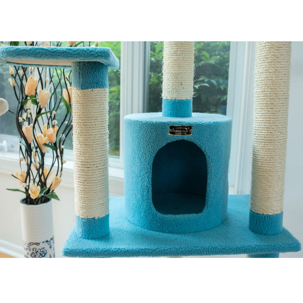 Real Wood 65-Inch Classic Cat Tree In Sky Blue 5-Level Condo
