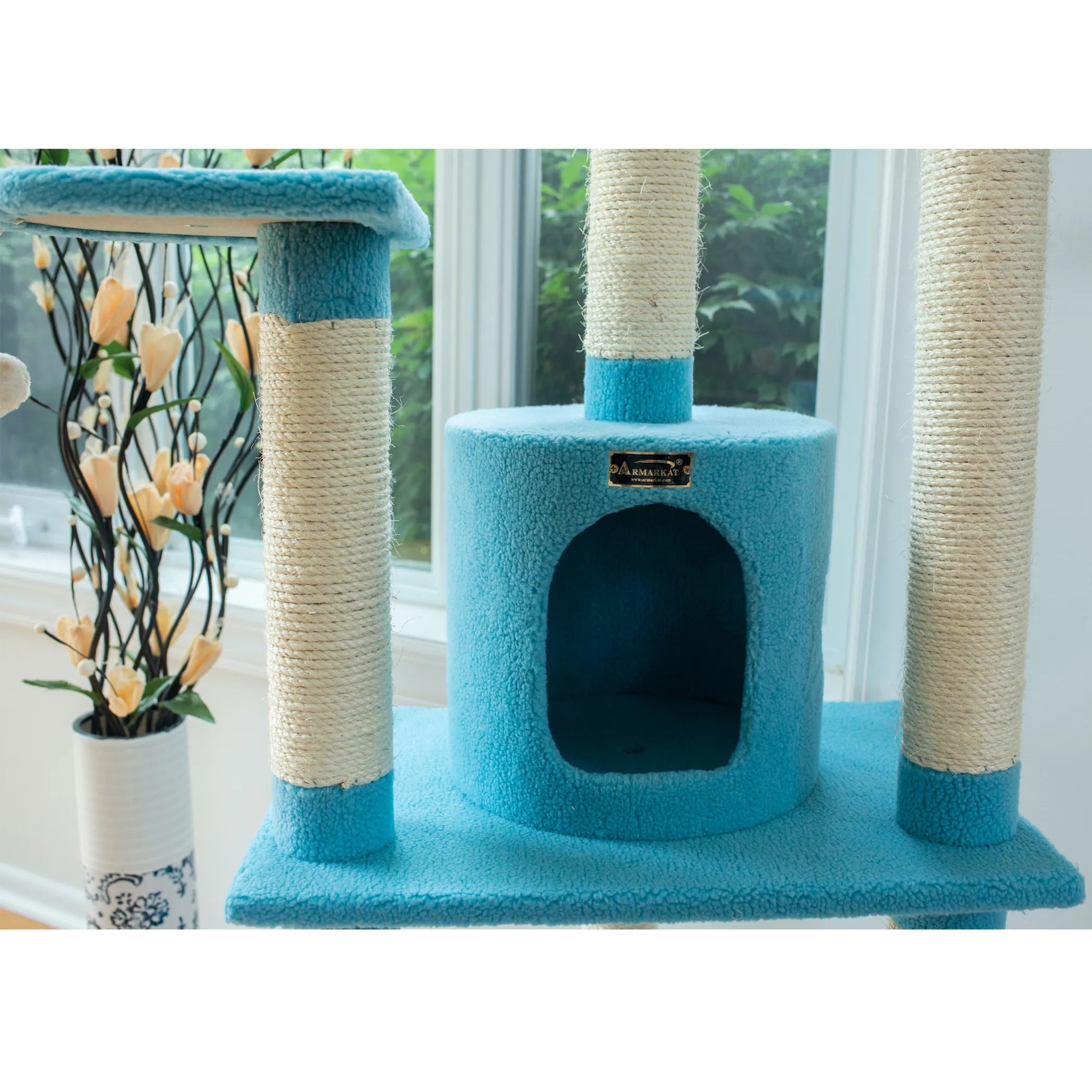 Real Wood 65-Inch Classic Cat Tree In Sky Blue 5-Level Condo