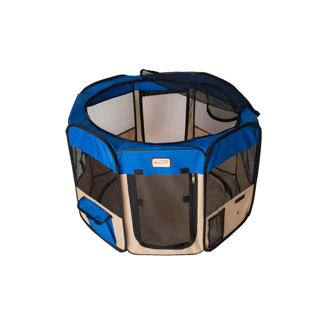Armarkat Portable Pet Playpen In Blue and Beige Combo