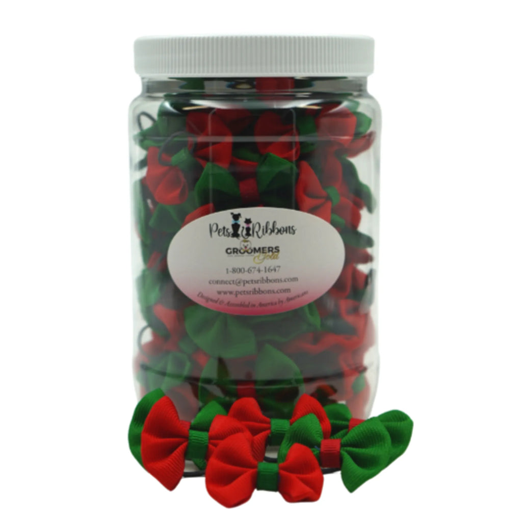 GG110 | Jar of 50-100 1.5" Dog | Cat Bows Christmas Trimmed|Pets Ribbons