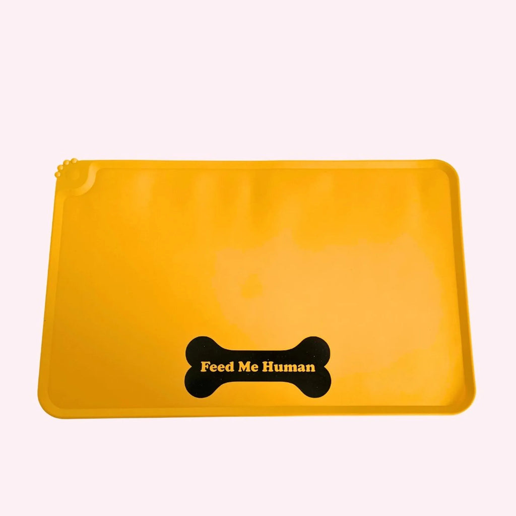 "Feed Me Human" Yellow Dog Food Mat