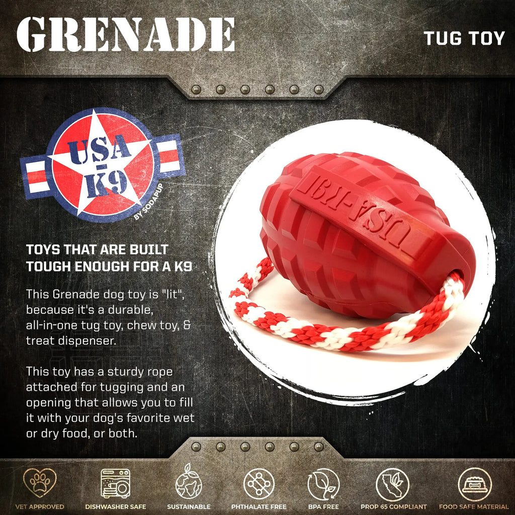 USA-K9 Grenade Shaped Durable Rubber Chew Toy, Treat Dispenser, Reward Toy