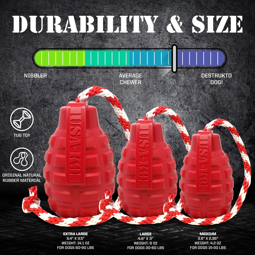 USA-K9 Grenade Shaped Durable Rubber Chew Toy, Treat Dispenser, Reward Toy