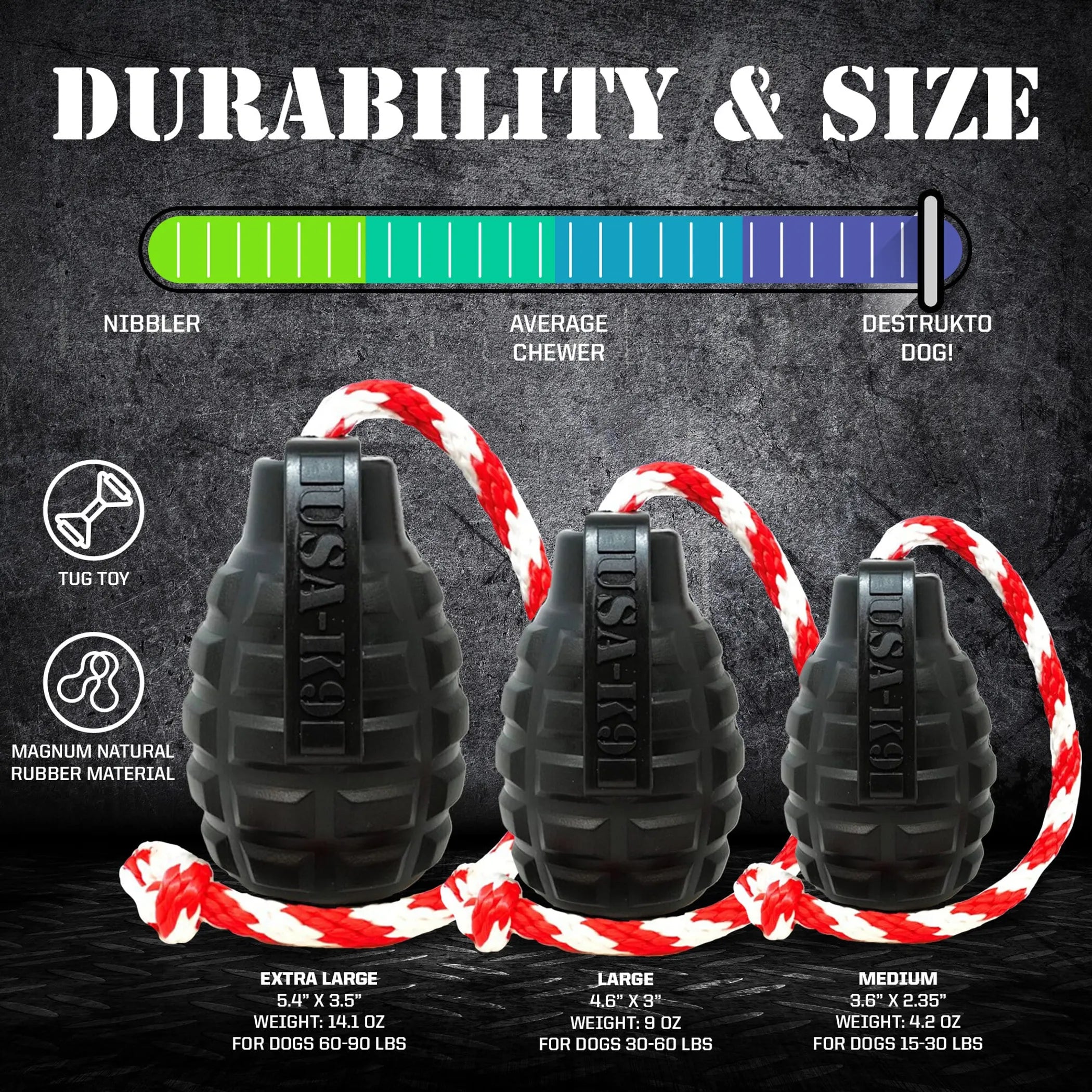 USA-K9 Magnum Grenade - Black Magnum Rubber Chew Toy for Extreme Chewers